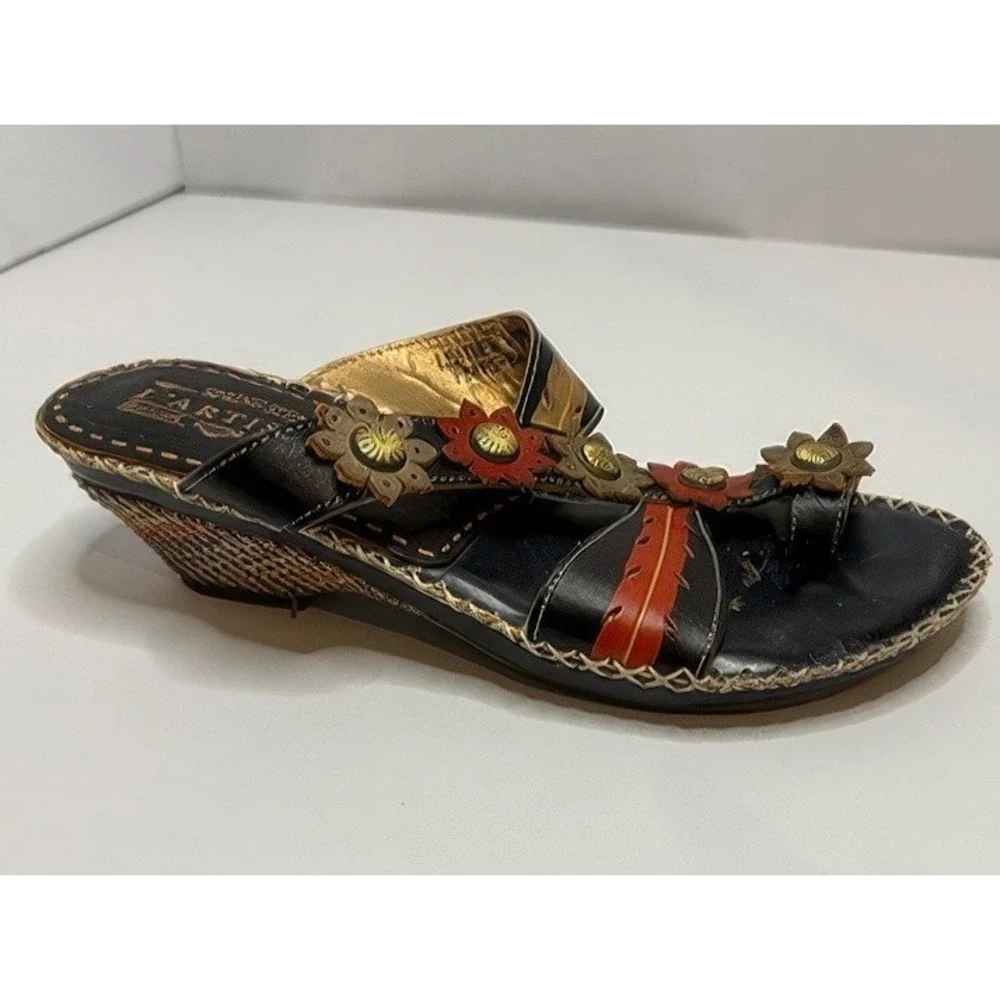 L'Artiste by Spring Step Leather Flower Sandals Women's 39 US 8.5 Black Red Boho
